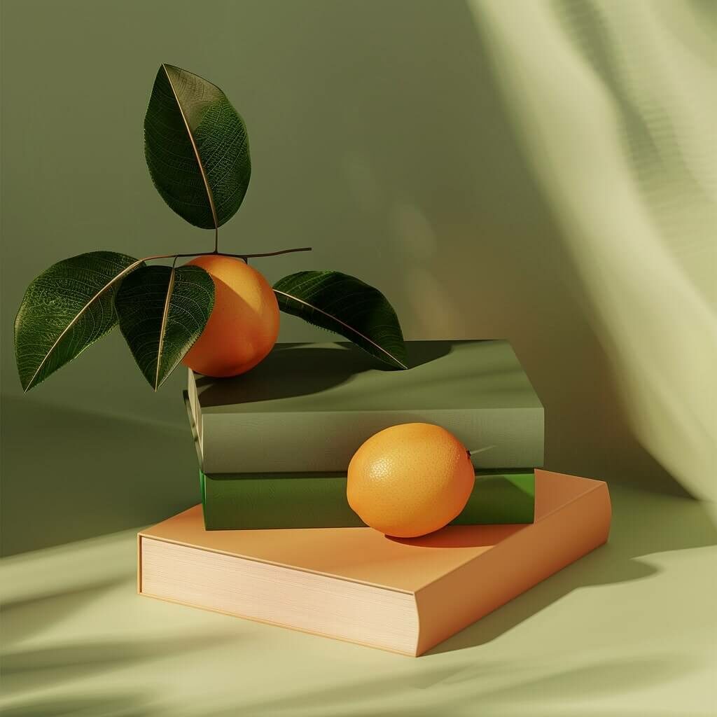 Orangen liegen auf Büchern, Orangetöne und Grüntöne