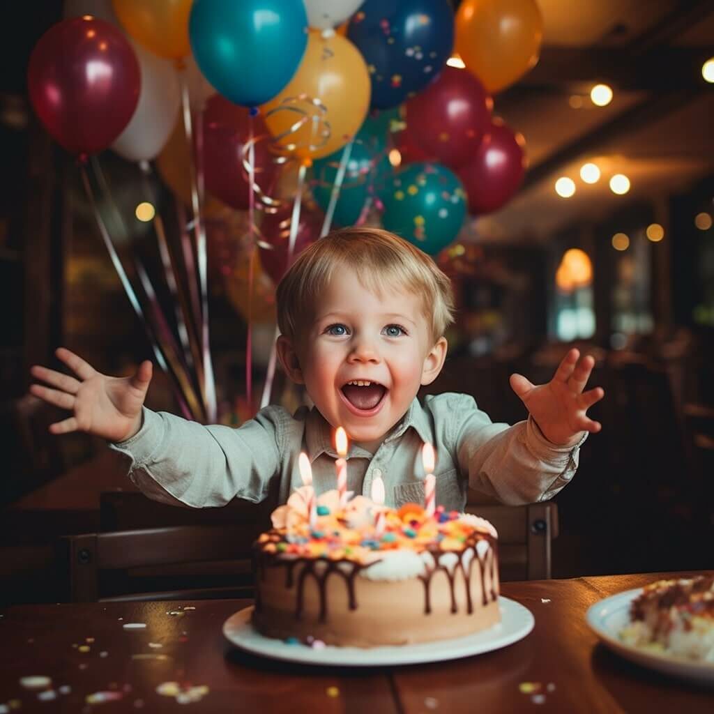 Kind guckt sehr glücklich in die Kamera, vor ihm Geburtstagskuchen, hinter ihm Ballons