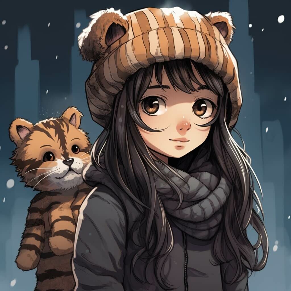 Mädchen in Manga Style, kleiner, süßer Tiger hinter ihrem Rücken