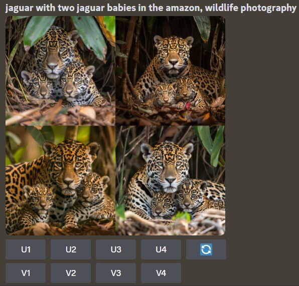 Zu sehen ist ein von Midjourney generiertes Bildraster mit 4 Bildern, auf welchen eine Jaguarmutter mit ihren zwei Jungen ist