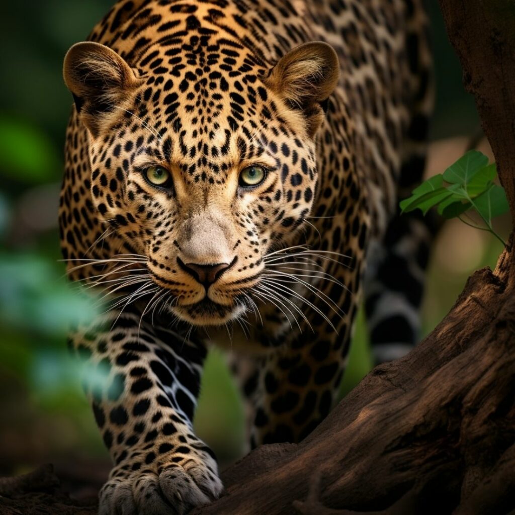 Ein von Midjourney generiertes Bild. Ein Jaguar schaut direkt in die Kamera - Wildtier Fotografie