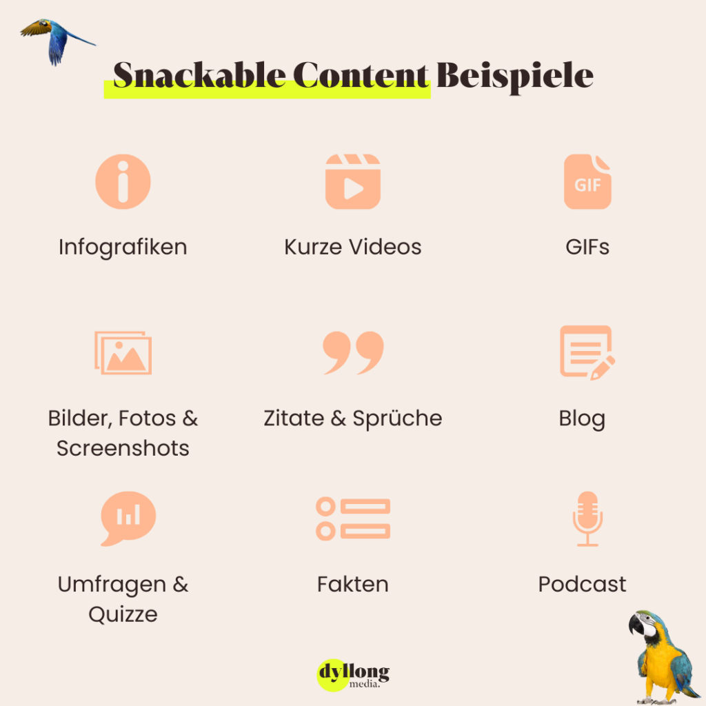 Snackable Content Beispiele: Infografiken, Kurze Videos, GIFs, Bilder, Zitate, Blog, Umfragen, Fakten, Podcast