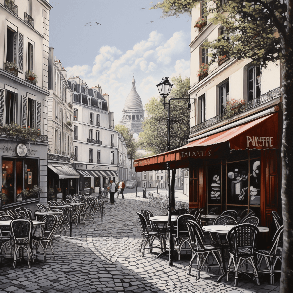 Straßencafé auf dem Pariser Montmartre im neorealistischen Stil