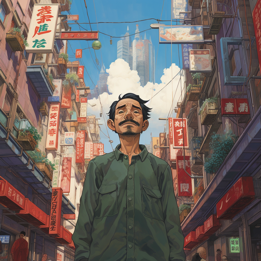 Illustration eines Mannes in einer Stadt im Stil des Animationsstudios Ghibli