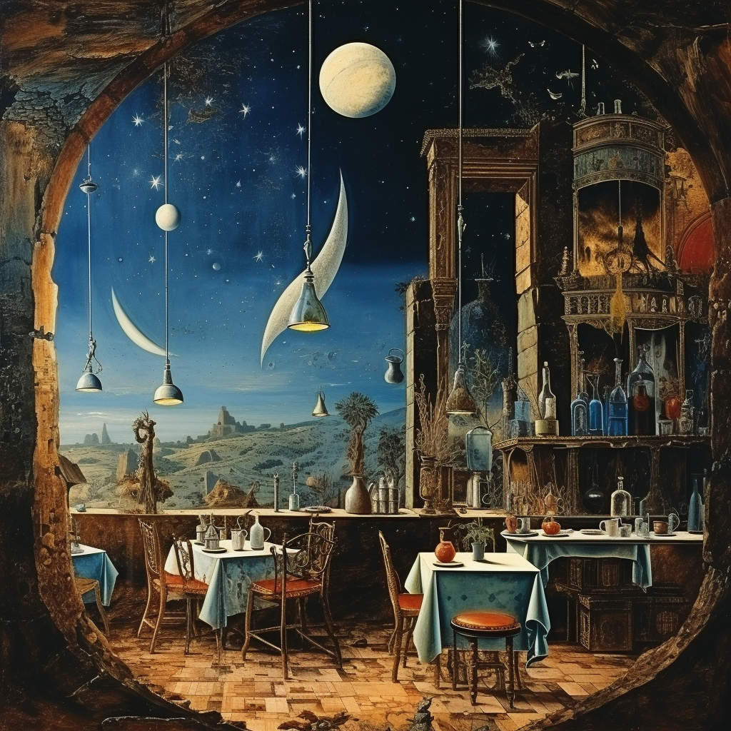 Illustration eines Restaurants im Stil des Künstlers Max Ernst