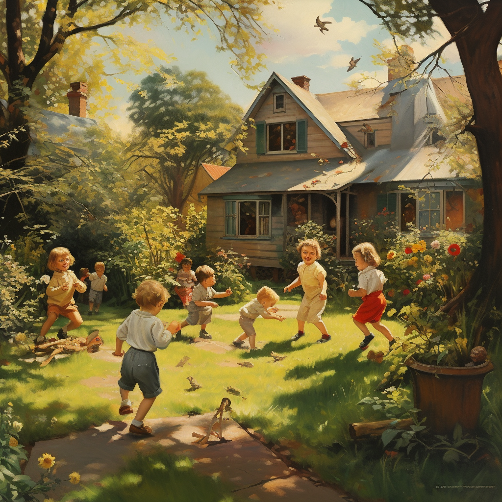 Illustration von spielenden Kindern im Garten im Stil des Künstlers Norman Rockwell