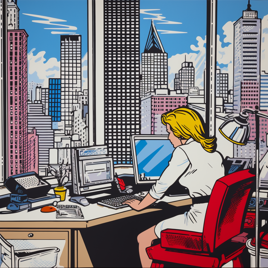 Illustration einer Frau im Büro im Stil des Künstlers Roy Lichtenstein