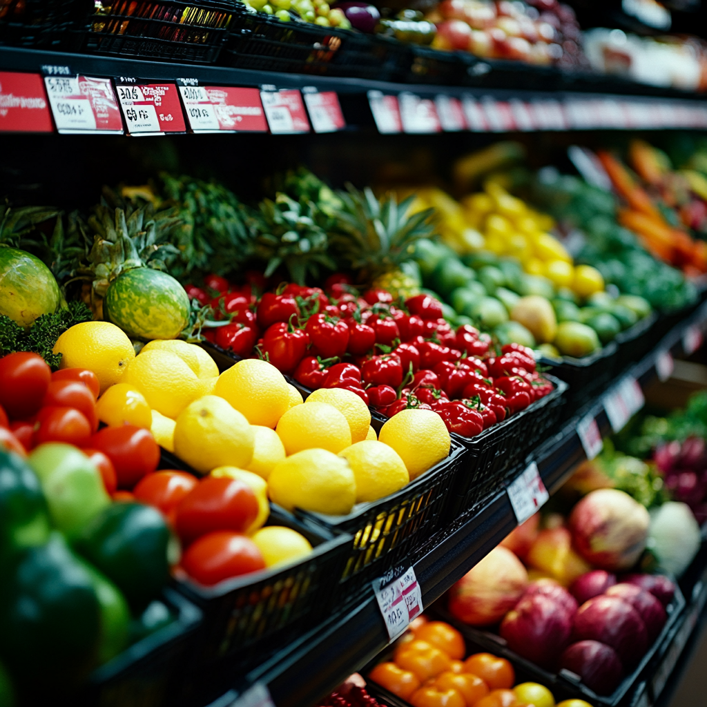 Fotografie von Obst und Gemüse im Supermarkt mit einem tiefen Fokus