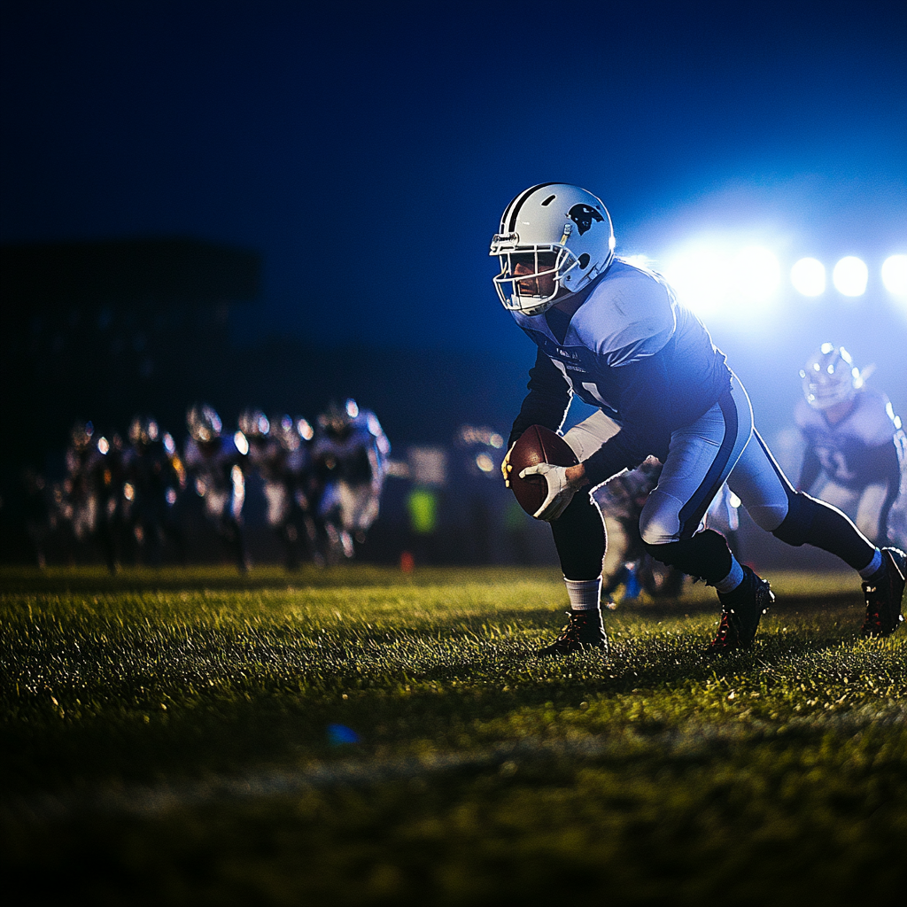 Fotografie eines Footballspiels im Dunkeln mit starker Beleuchtung im Hintergrund