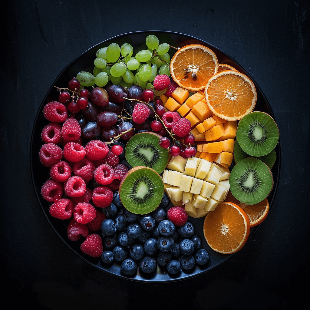 Fotografie Verschiedener farbenfrohe Früchte auf dunklem Teller und dunklem Hintergrund