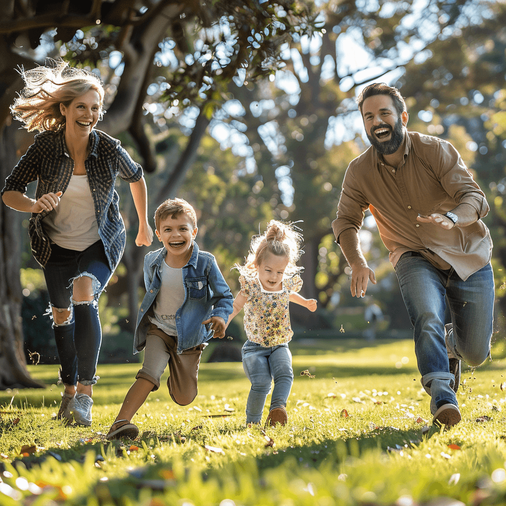 Vater und Mutter laufen mit kleinem Sohn und kleiner Tochter auf einer Wiese lachend auf die Kamera zu