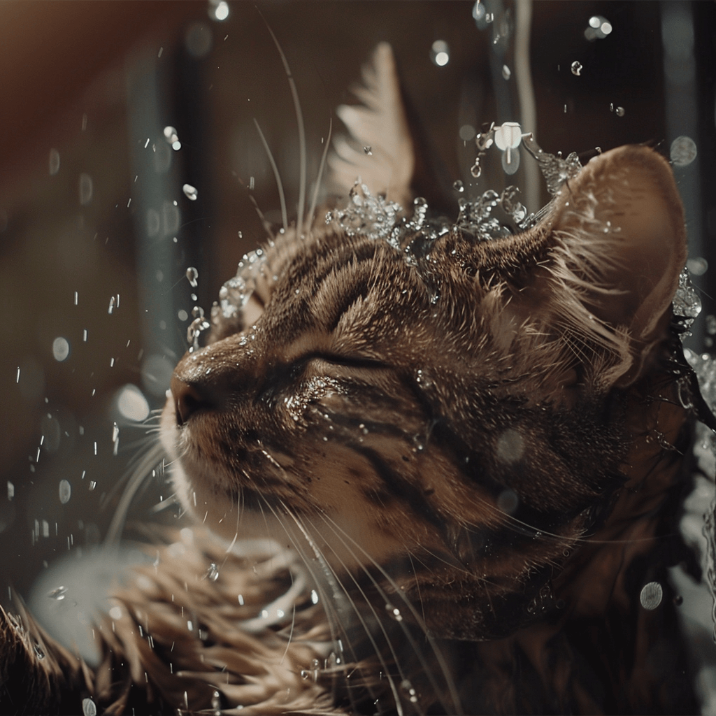 Katze mit geschlossenen Augen, Wasser tropft auf sie