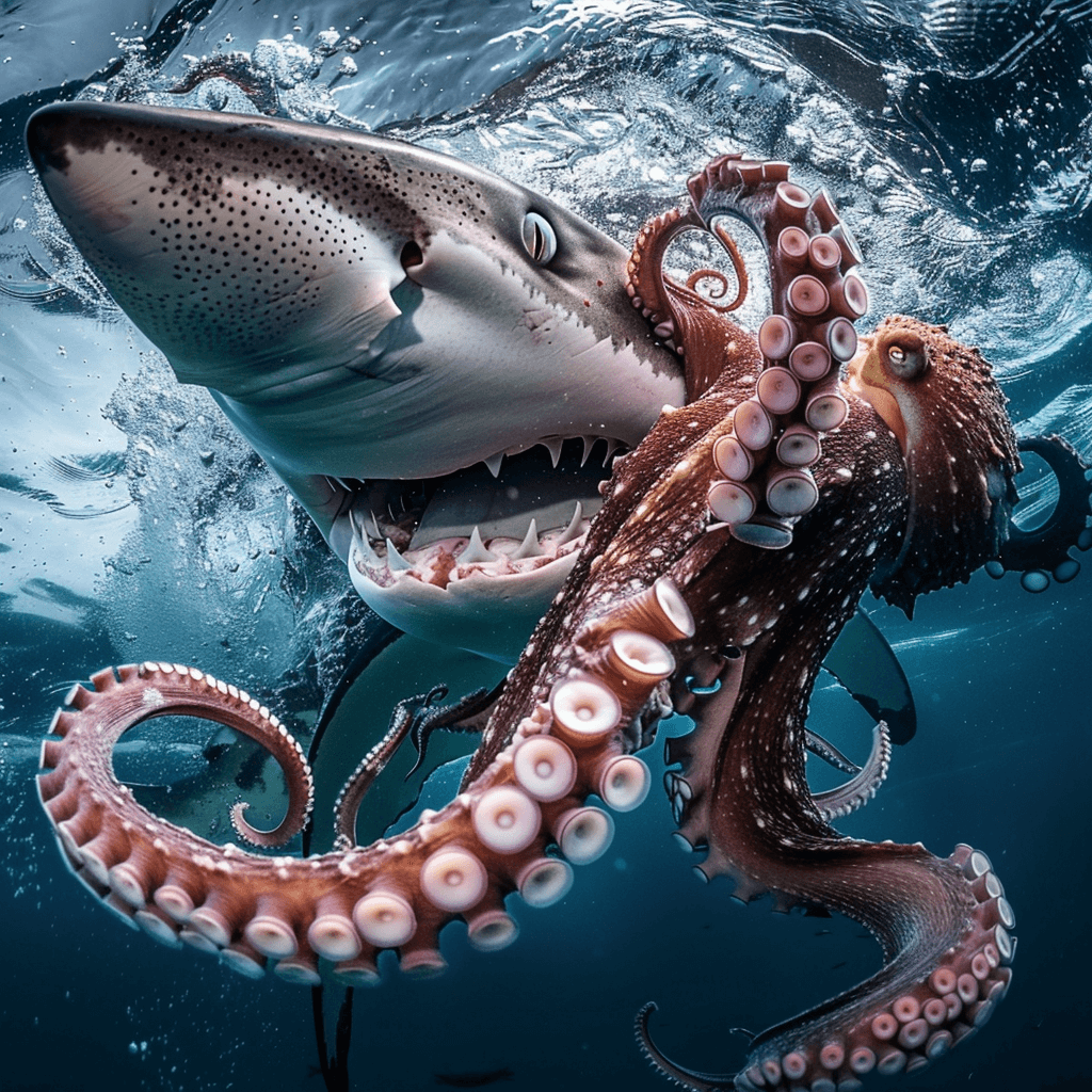 Oktopus umschlingt Hai, Unterwasserfotografie