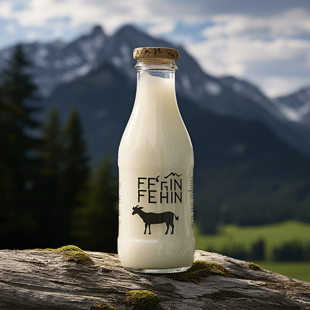 Milchflasche mit Text, im Hintergrund grüne Berglandschaft