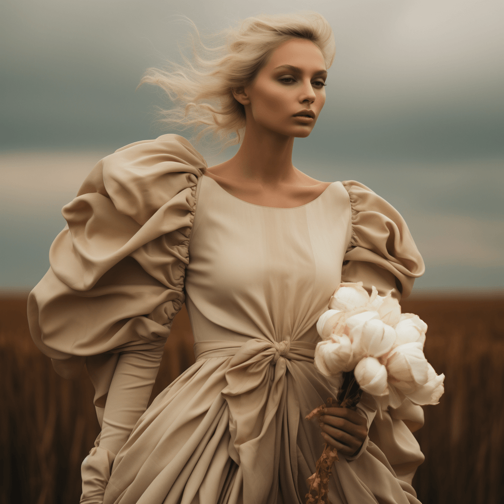 Model im pompösen beigefarbenen Kleid mit weißem Blumenstrauß in der Hand