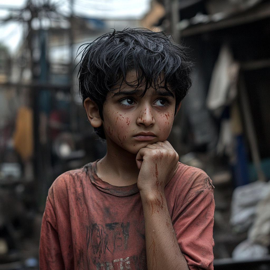 Fotos eines traurig wirkenden Kindes in einem Slum im cinematischen Stil