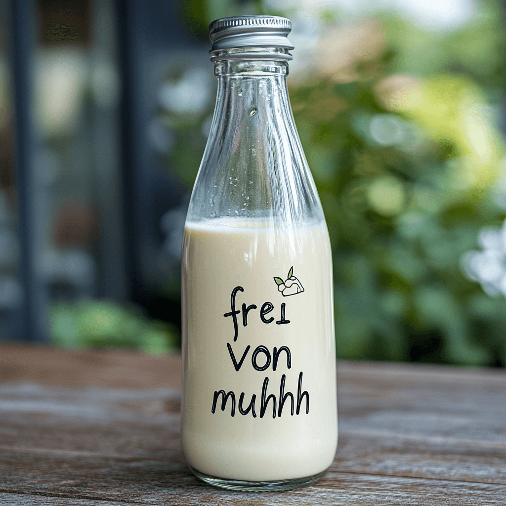 Milchflasche mit Text "frei von muhhh" auf einem Holztisch