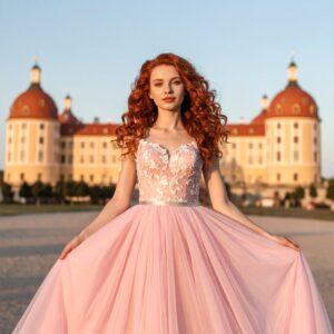 Fotoshooting, authentische Frau mit langen roten Locken in einem riesigen rosa Kleid, die in die Kamera blickt und vor einem Barockschloss steht, goldene Abendstunde