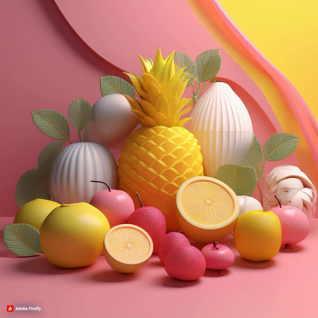 3D-modellierte Früchte, rosa, weiß, gelbes Farbschema