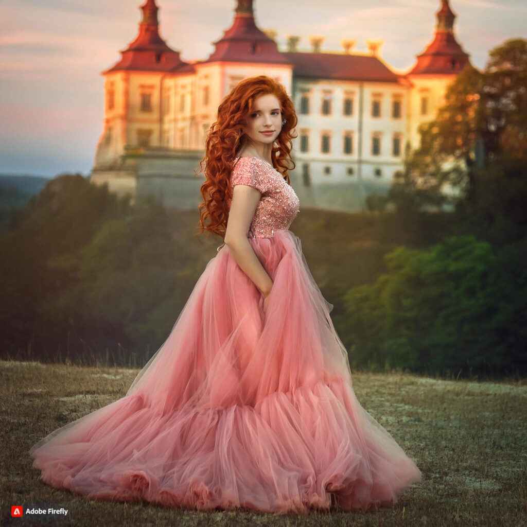 Fotografie einer Frau in einem rosafarbenen Kleid vor einem Schloss