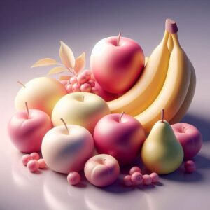3D-modellierte Früchte, rosa, weißes und gelbes Farbschema 