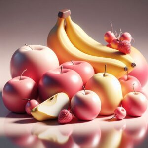 3D-modellierte Früchte, rosa, weißes und gelbes Farbschema 