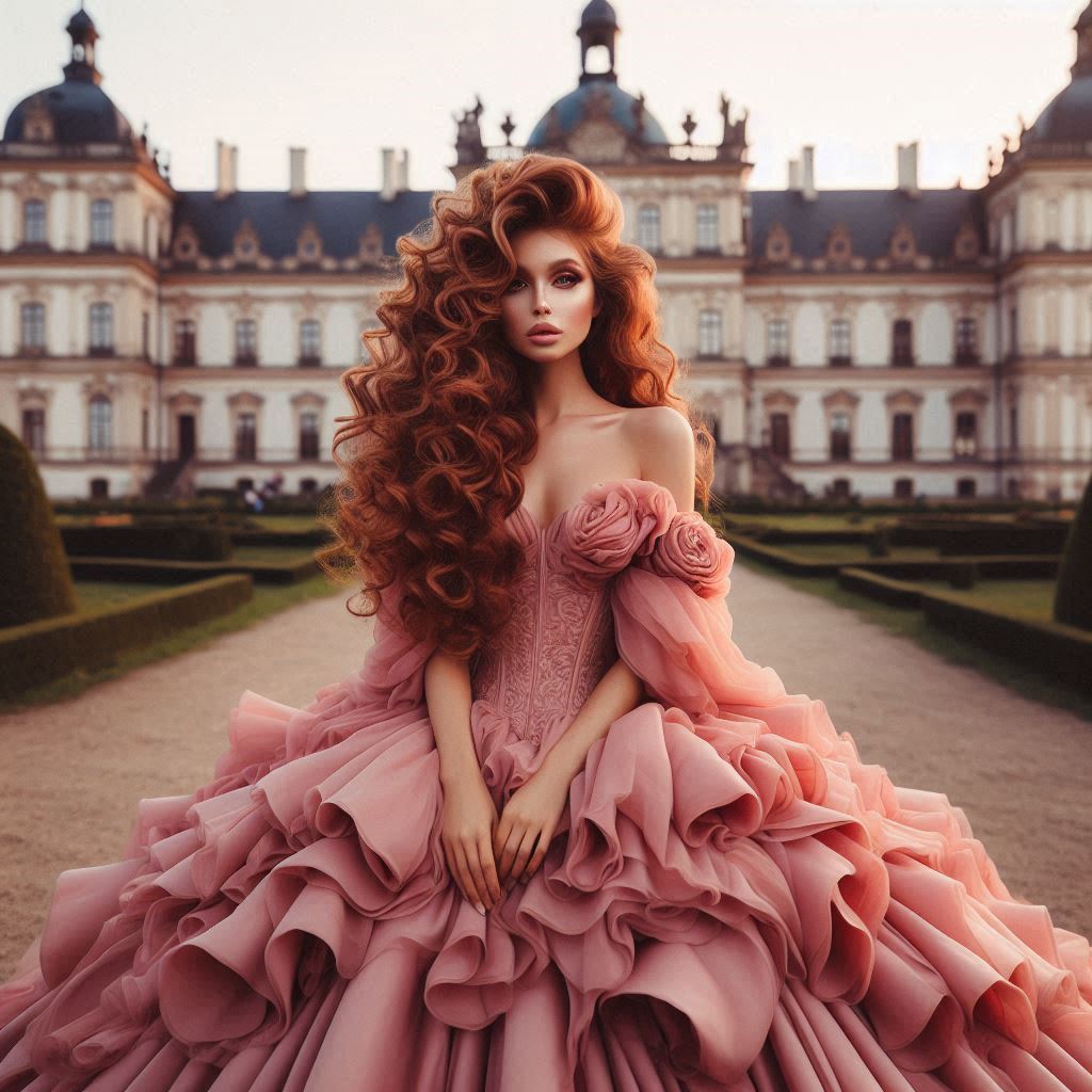 Fotoshooting, authentische Frau mit langen roten Locken in einem riesigen rosa Kleid, die in die Kamera blickt und vor einem Barockschloss steht, goldene Abendstunde