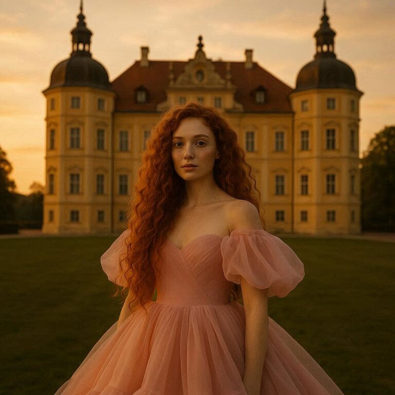 Fotoshooting, authentische Frau mit langen roten Locken in einem riesigen rosa Kleid, die in die Kamera blickt und vor einem Barockschloss steht, goldene Abendstunde