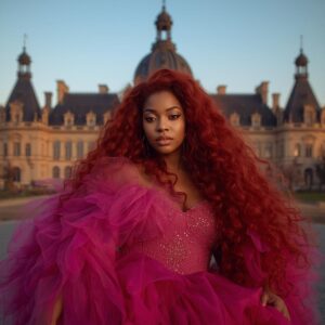 Fotoshooting, authentische Frau mit langen roten Locken in einem riesigen rosa Kleid, die in die Kamera blickt und vor einem Barockschloss steht, goldene Abendstunde
