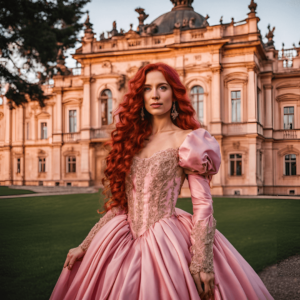 Fotografie einer Frau in einem rosafarbenen Kleid vor einem Schloss