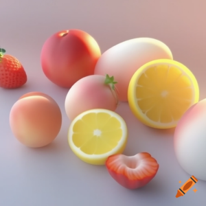 3D-modellierte Früchte, rosa, weißes und gelbes Farbschema 