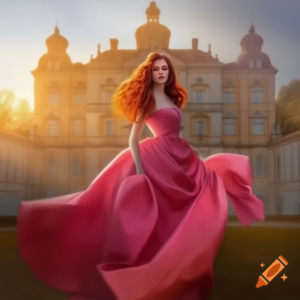 Fotoshooting, authentische Frau mit langen roten Locken in einem riesigen rosa Kleid, die in die Kamera blickt und vor einem Barockschloss steht, goldene Abendstunde