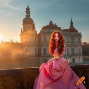 Fotoshooting, authentische Frau mit langen roten Locken in einem riesigen rosa Kleid, die in die Kamera blickt und vor einem Barockschloss steht, goldene Abendstunde
