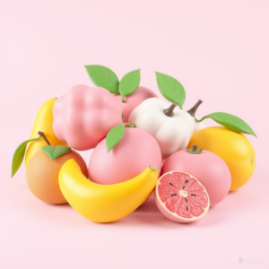 3D-modellierte Früchte, rosa, weißes und gelbes Farbschema 
