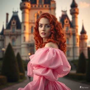 Fotoshooting, authentische Frau mit langen roten Locken in einem riesigen rosa Kleid, die in die Kamera blickt und vor einem Barockschloss steht, goldene Abendstunde