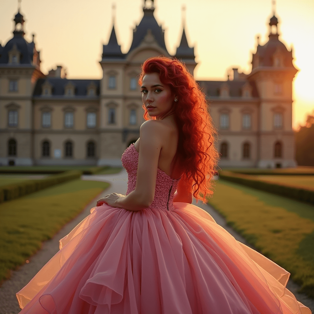 Fotografie einer Frau in einem rosafarbenen Kleid vor einem Schloss