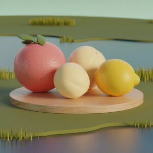 3D-modellierte Früchte, rosa, weiß, gelbes Farbschema