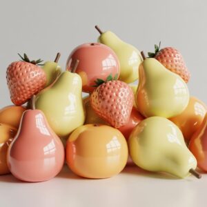 3D-modellierte Früchte, rosa, weißes und gelbes Farbschema 