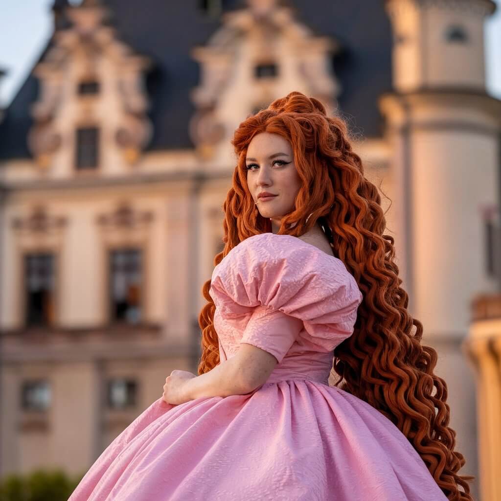 Fotografie einer Frau in einem rosafarbenen Kleid vor einem Schloss