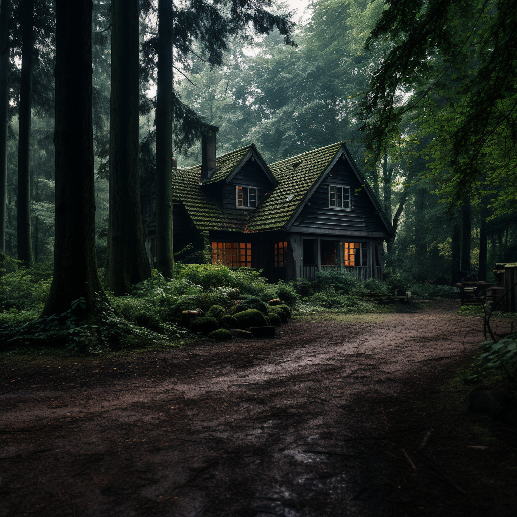 DSLR Kamera Prompt: Haus im Wald, Filmfotografie, 85 mm Objektiv