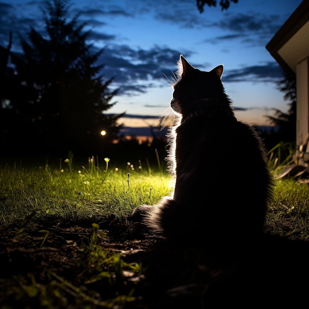 Nachtsichtkamera Prompt: Katze im Freien sitzend, Silhouette, externes Glühen, Ganzkörperbild