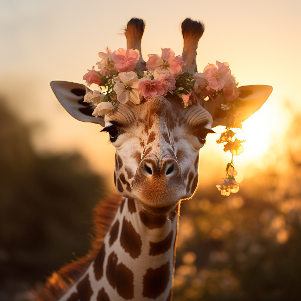 Nikon d850 Prompt: Fotografie einer Giraffe mit Blumenkranz, goldene Stunde, f 2.8