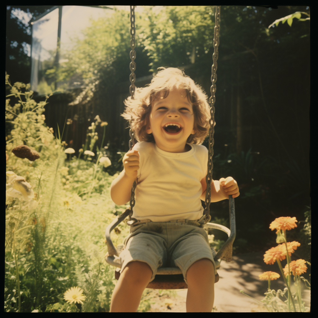 Polaroid Camera Prompt: kleines Kind schaukelt im Garten, lachend, Sommer