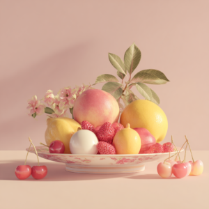 3D-modellierte Früchte, rosa, weiß, gelbes Farbschema