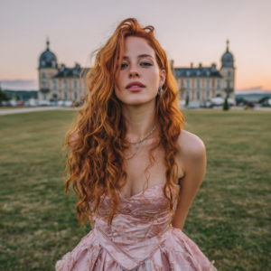 Fotoshooting, authentische Frau mit langen roten Locken in einem riesigen rosa Kleid, die in die Kamera blickt und vor einem Barockschloss steht, goldene Stunde am Abend