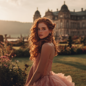 Fotoshooting, authentische Frau mit langen roten Locken in einem riesigen rosa Kleid, die in die Kamera blickt und vor einem Barockschloss steht, goldene Stunde am Abend 