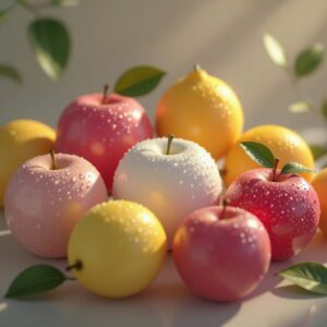 3D-modellierte Früchte, rosa, weißes und gelbes Farbschema 