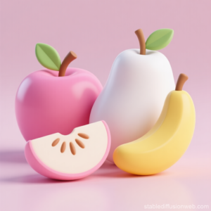 3D-modellierte Früchte, rosa, weißes und gelbes Farbschema 