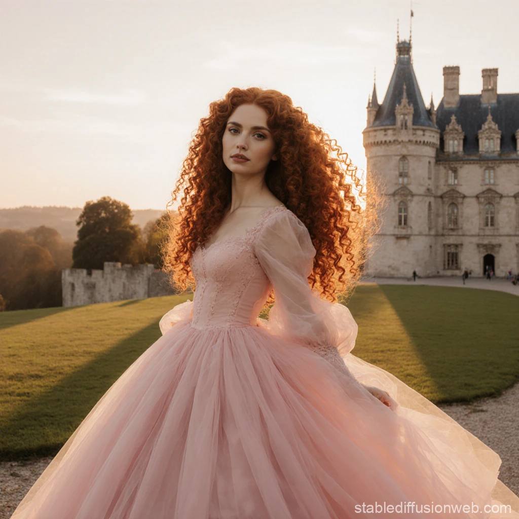 Fotoshooting, authentische Frau mit langen roten Locken in einem riesigen rosa Kleid, die in die Kamera blickt und vor einem Barockschloss steht, goldene Abendstunde