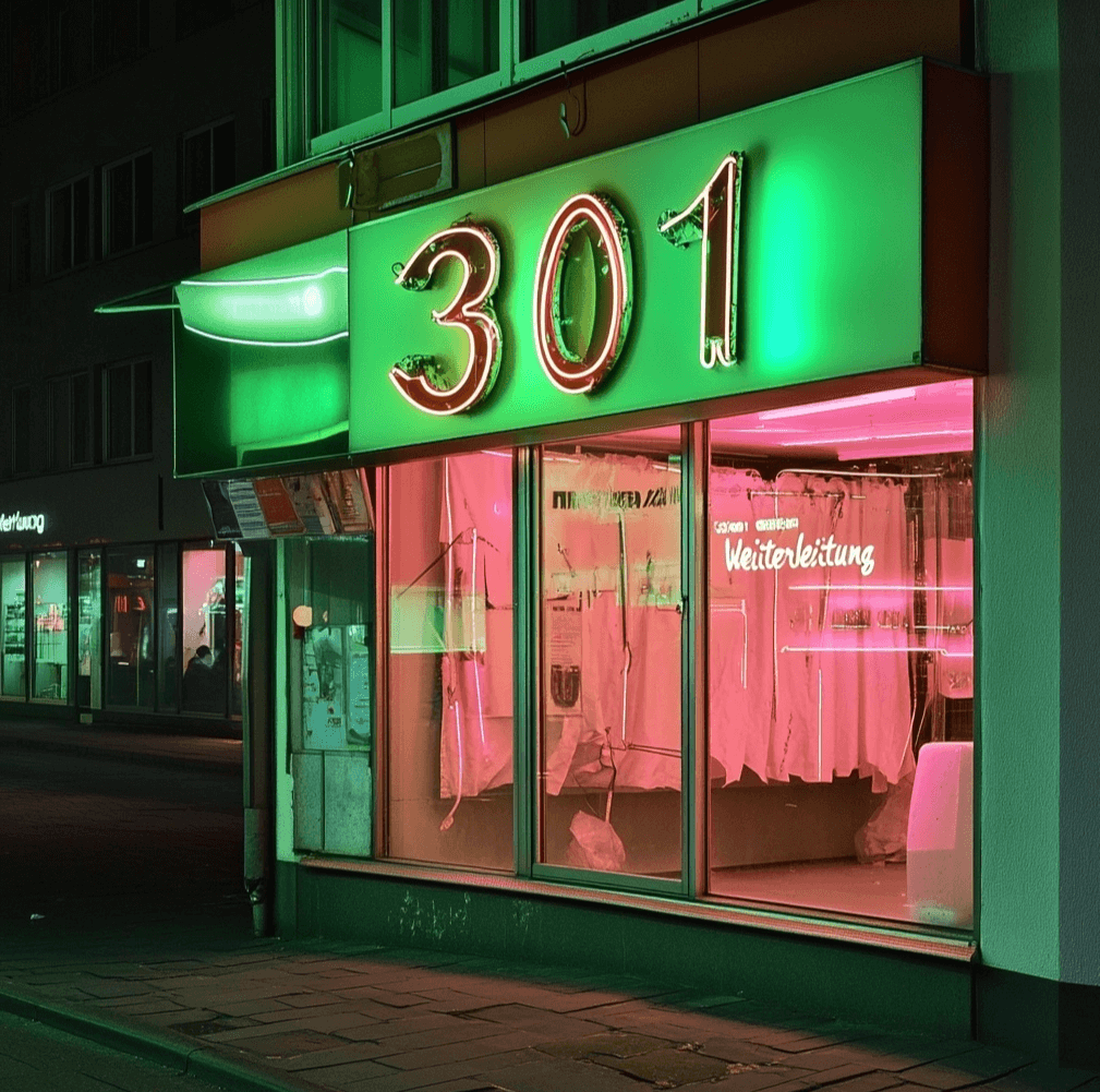 Neon-beleuchtetes Geschäft bei Nacht mit dem Namen "301"